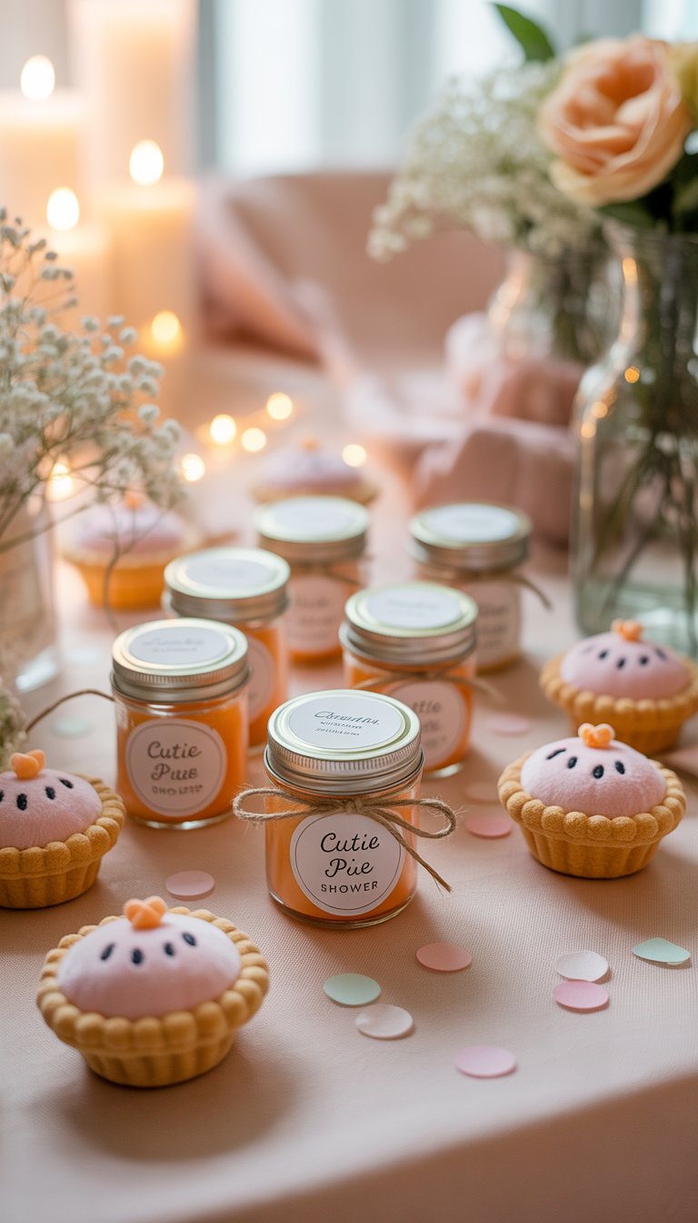 A table with mini orange-scented candles and baby shower decorations featuring plush pies, pastel confetti, and soft flowers.