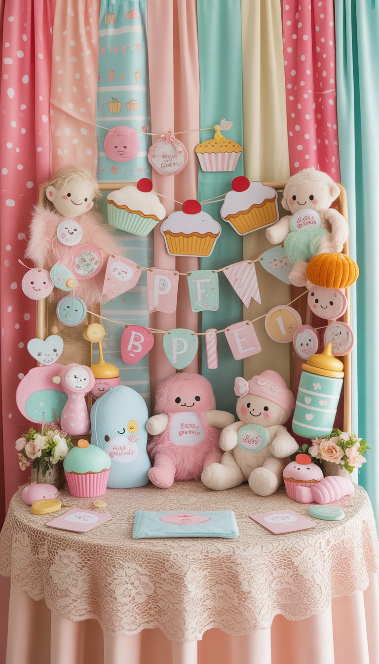 A baby shower photo booth decorated with pastel-colored cutie pie themed props and a matching pastel backdrop.