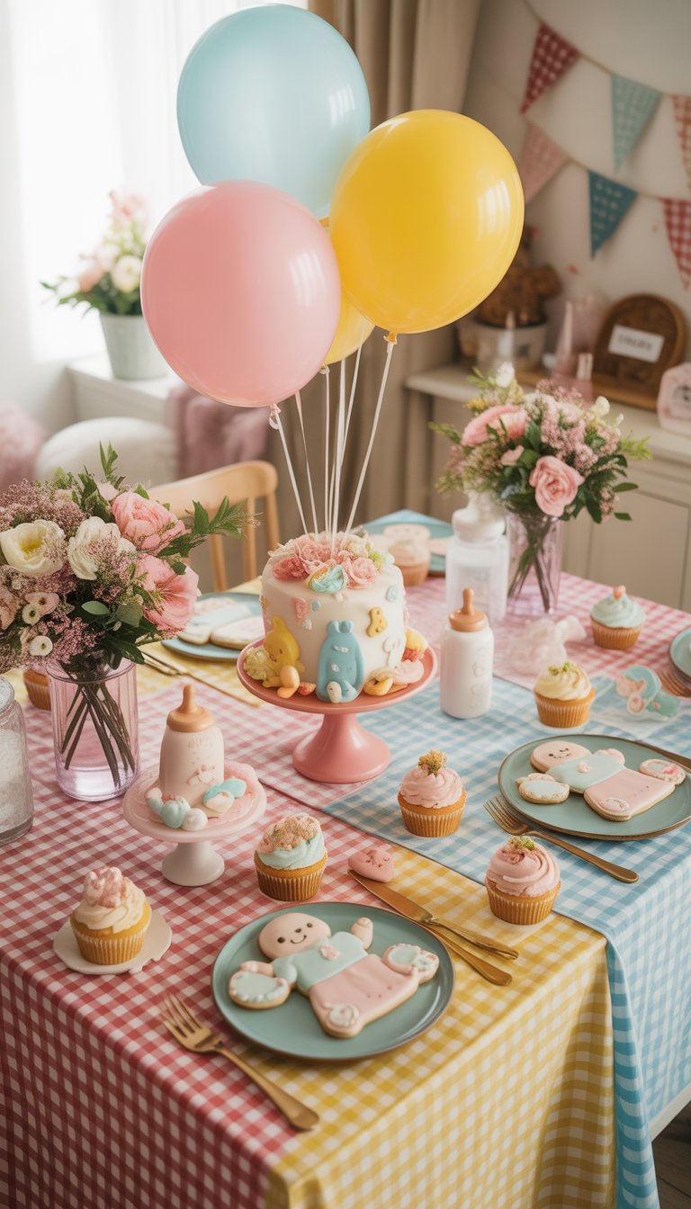 A colorful baby shower table decorated with gingham tablecloths, balloons, baby-themed treats, and floral arrangements in a cozy indoor setting.