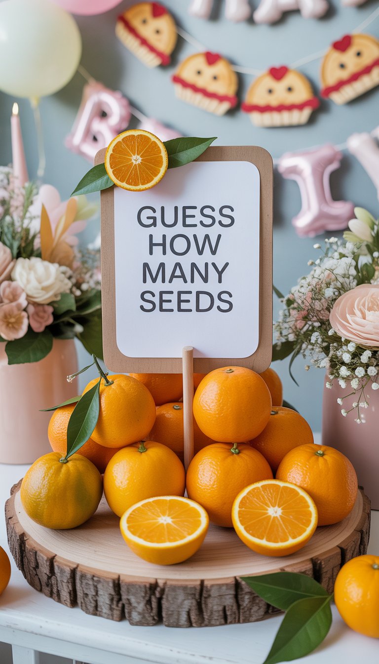 A table with real oranges arranged for a seed guessing game, surrounded by cute baby shower decorations including pie-themed ornaments and pastel balloons.