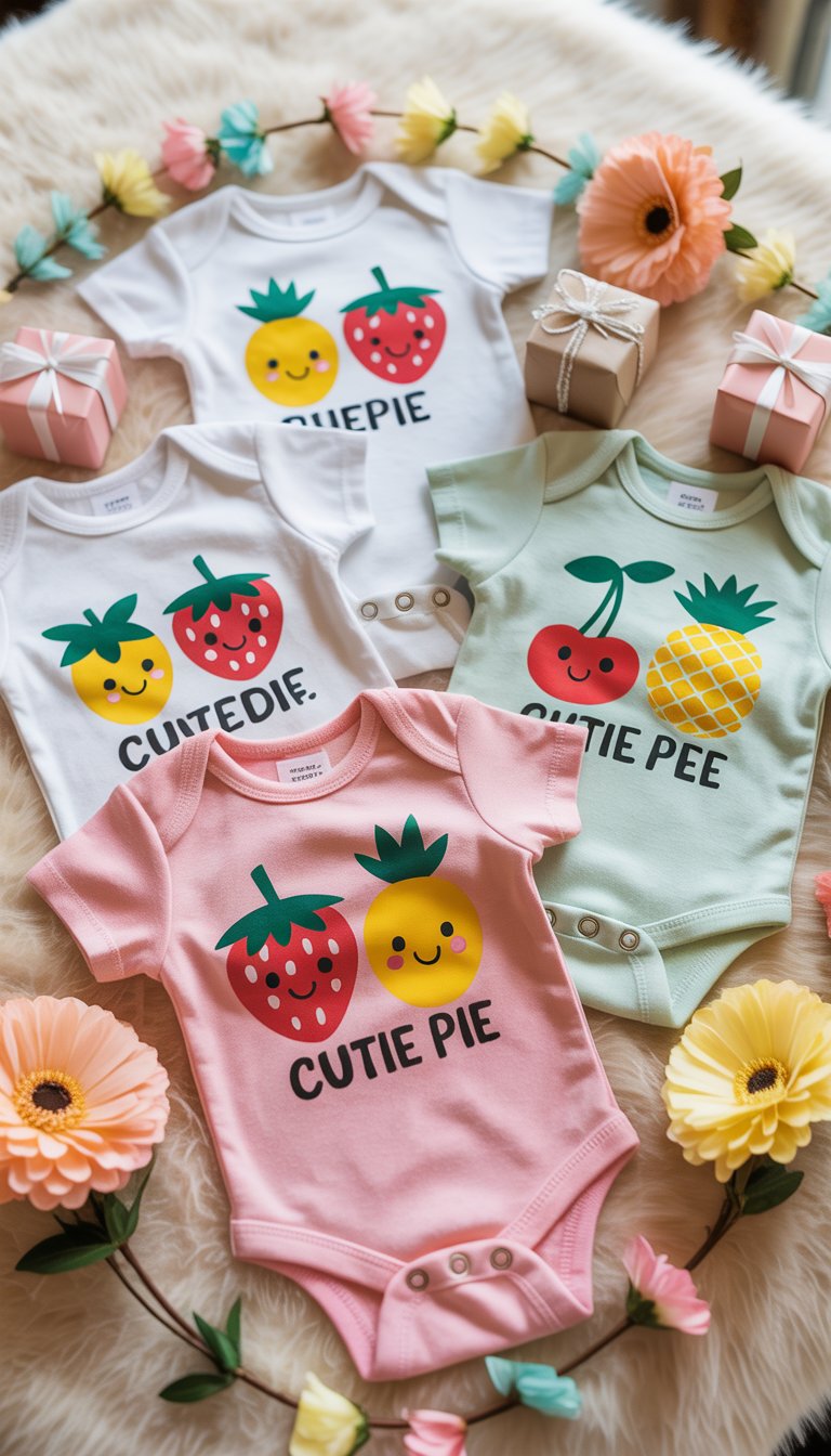 A collection of baby onesies decorated with cute fruit designs arranged with baby shower decorations on a soft surface.