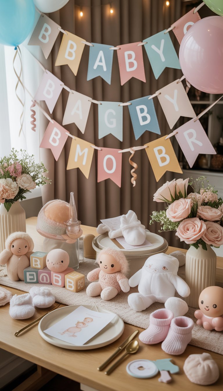 A decorated baby shower table with pastel colors, baby toys, flowers, balloons, and ribbons creating a joyful celebration atmosphere.