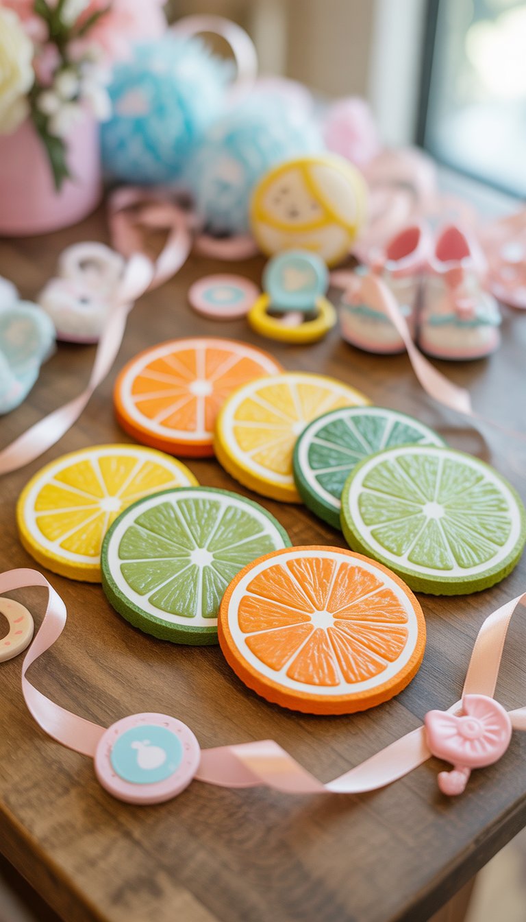 A set of colorful citrus slice coasters arranged on a wooden table with baby shower decorations around them.