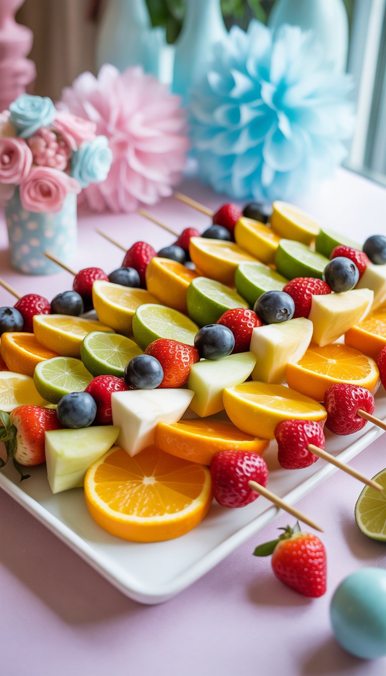 A platter of colorful fruit skewers with citrus slices and berries arranged on a table decorated for a baby shower.