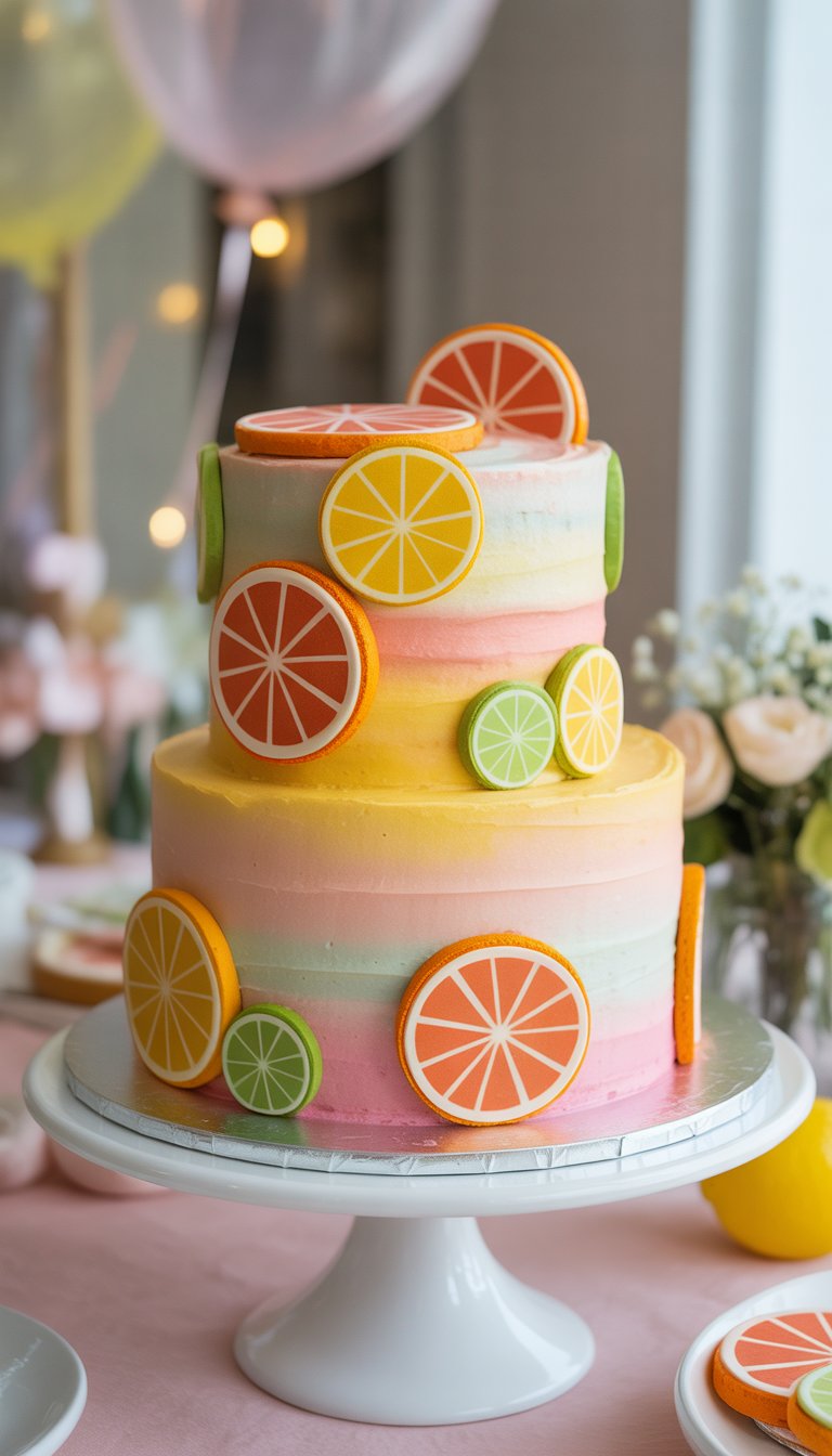 A multi-tiered baby shower cake decorated with pastel frosting and realistic citrus slice decorations on a white cake stand.