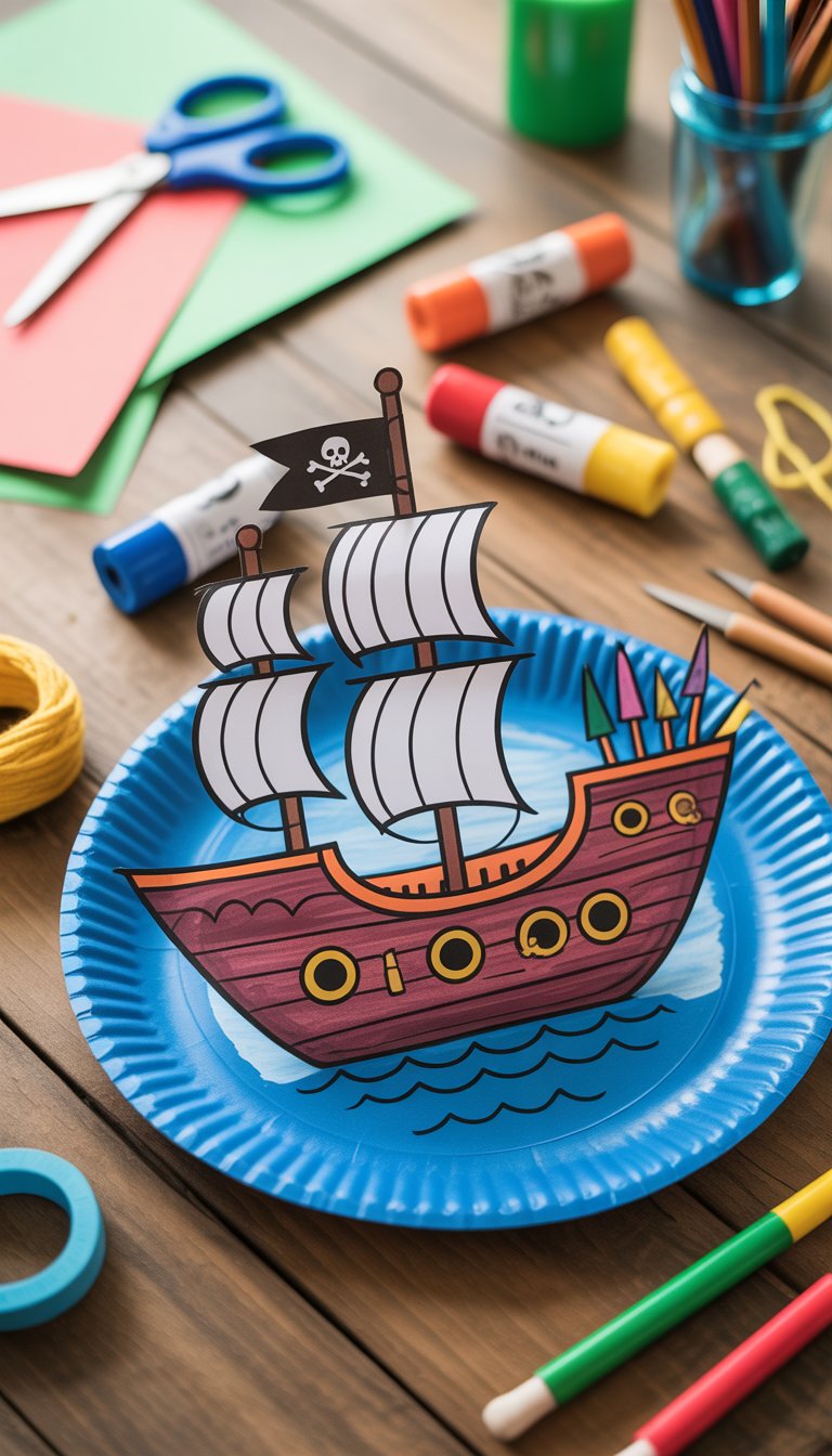 A handmade pirate ship made from a paper plate with colorful sails and craft supplies on a wooden table.