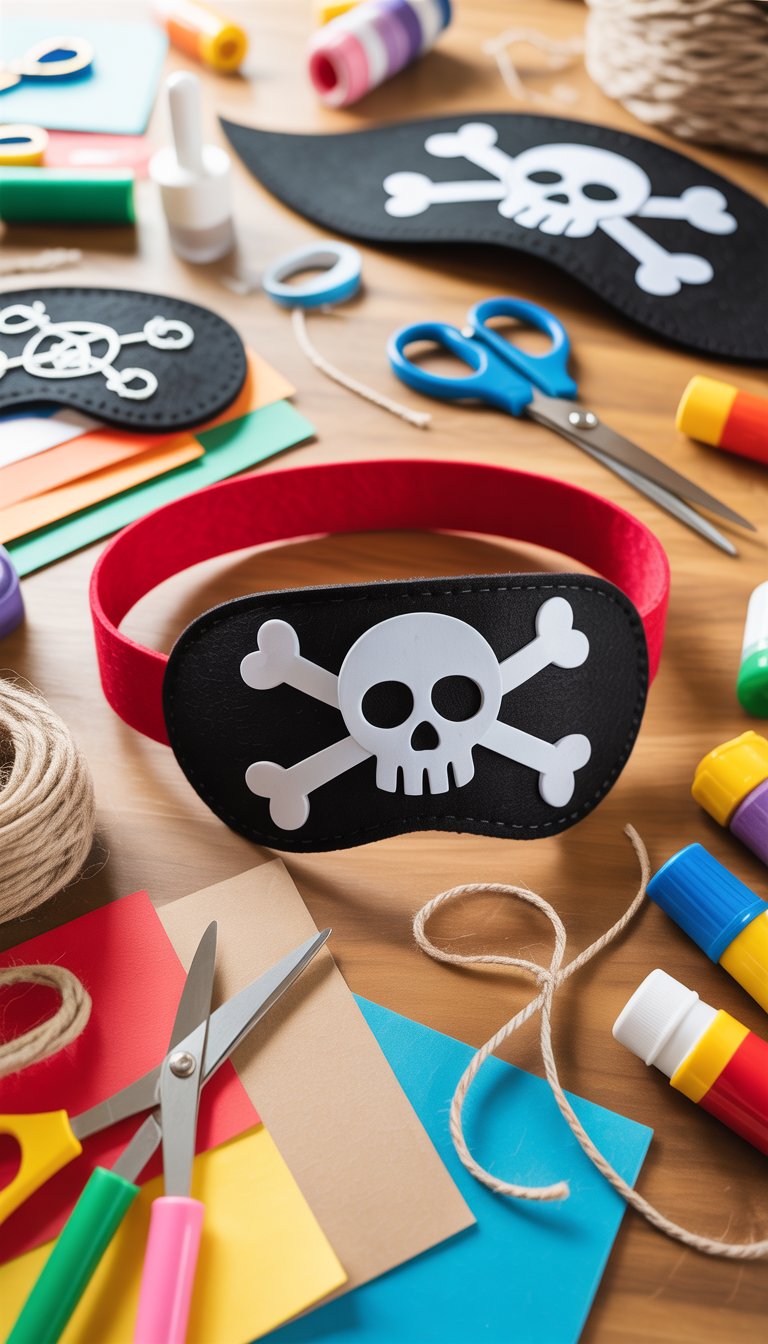 A handmade pirate eye patch and colorful crafting supplies arranged on a wooden table in a children's craft area.