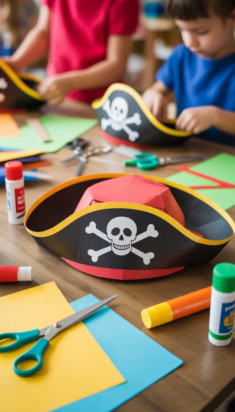 A colorful construction paper pirate hat on a wooden table with craft supplies and children’s hands working on pirate crafts in the background.