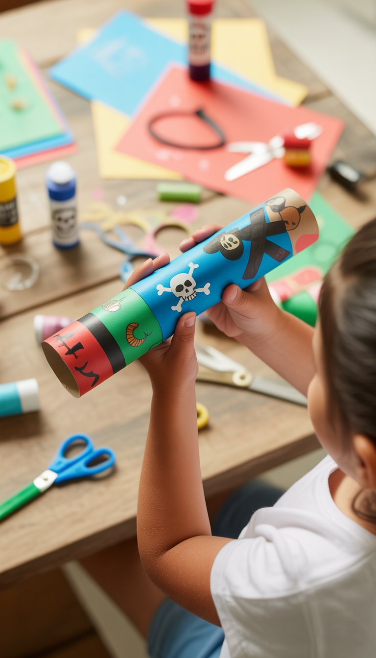 A child's hands holding a colorful homemade pirate telescope made from a decorated paper tube, with craft supplies scattered on a table.