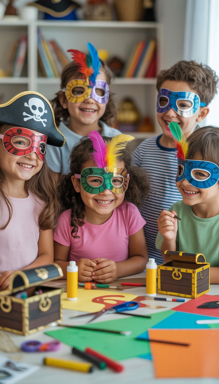 Children wearing handmade pirate masks while doing a craft activity around a table with art supplies.