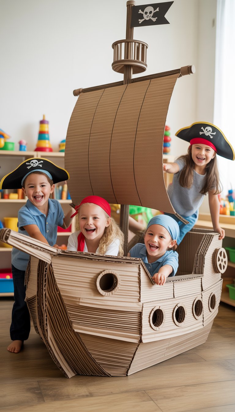 Children playing inside a large cardboard pirate ship in a bright playroom.