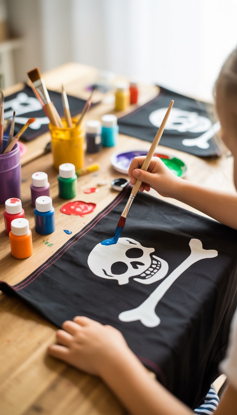 Child painting a pirate flag on black fabric with colorful fabric paints on a wooden table with craft supplies.