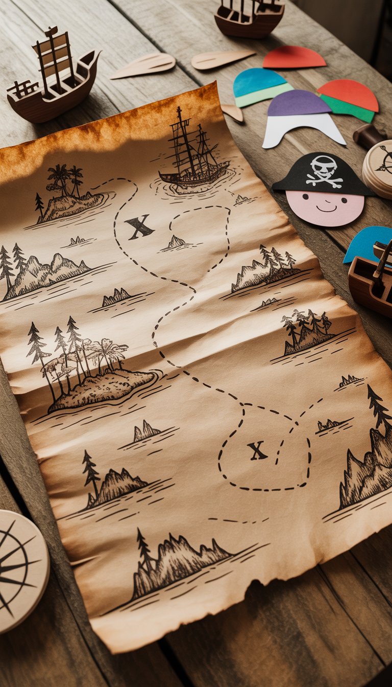 A tea-stained pirate treasure map on a wooden table surrounded by small pirate-themed craft items for kids.