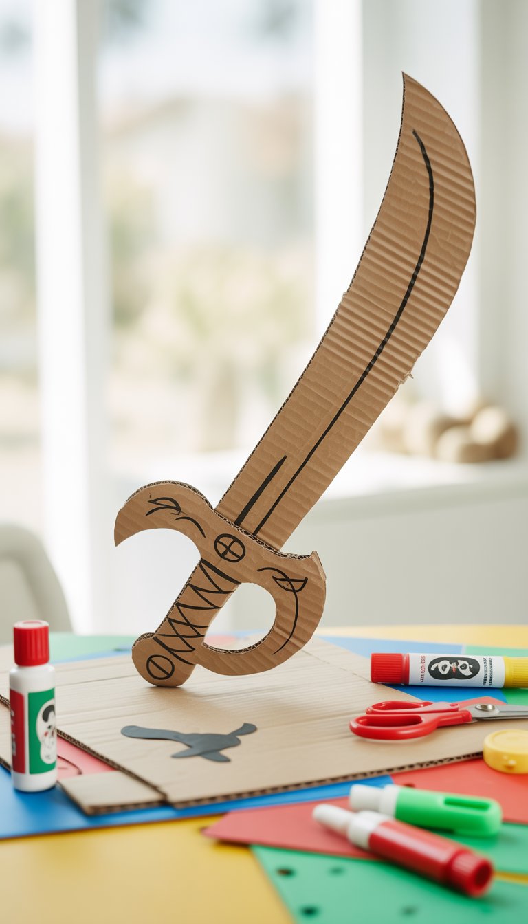 A cardboard pirate sword surrounded by craft supplies on a bright surface.