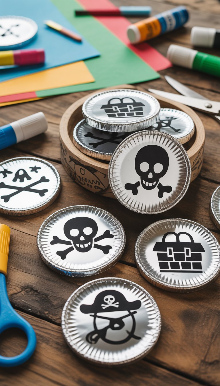 Close-up of handmade pirate coins made from aluminum foil arranged on a wooden table with craft supplies in the background.