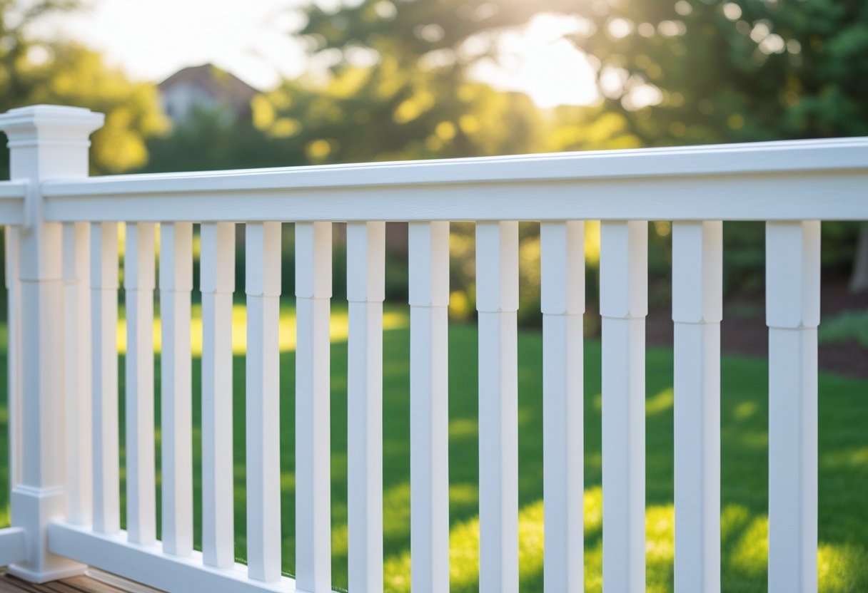 A freshly painted white wooden picket railing on an outdoor deck with green grass in the background.