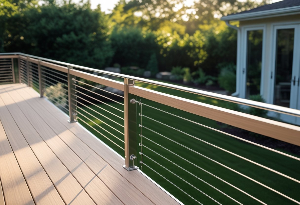 An outdoor wooden deck with a stainless steel cable railing overlooking a green garden.