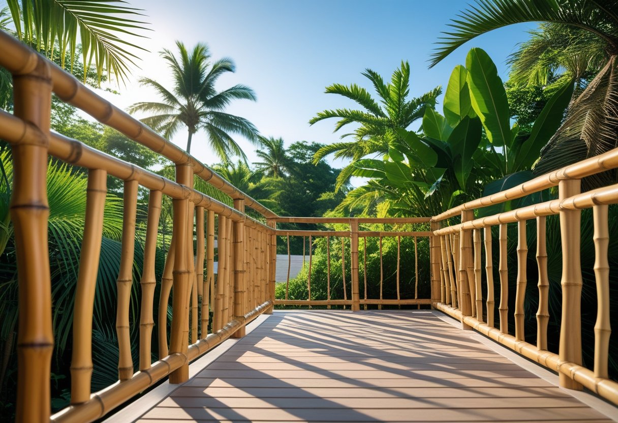 Outdoor wooden deck with bamboo railing surrounded by tropical plants and palm trees under a clear blue sky.