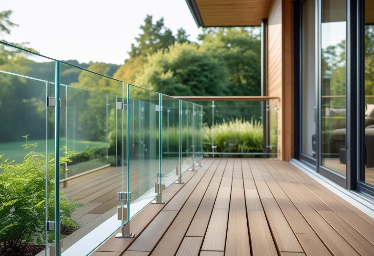Outdoor wooden deck with clear glass panel railings overlooking a green garden.