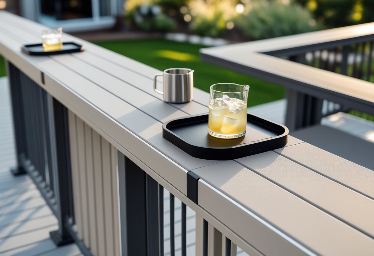 Outdoor deck with composite railing and drink rail adapter, featuring a small table with drinks and greenery in the background.