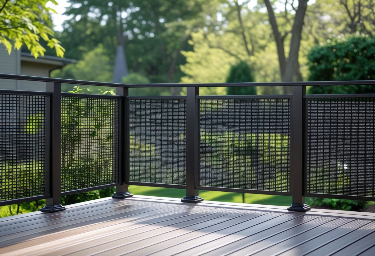 Outdoor wooden deck with metal mesh railing overlooking a green garden.