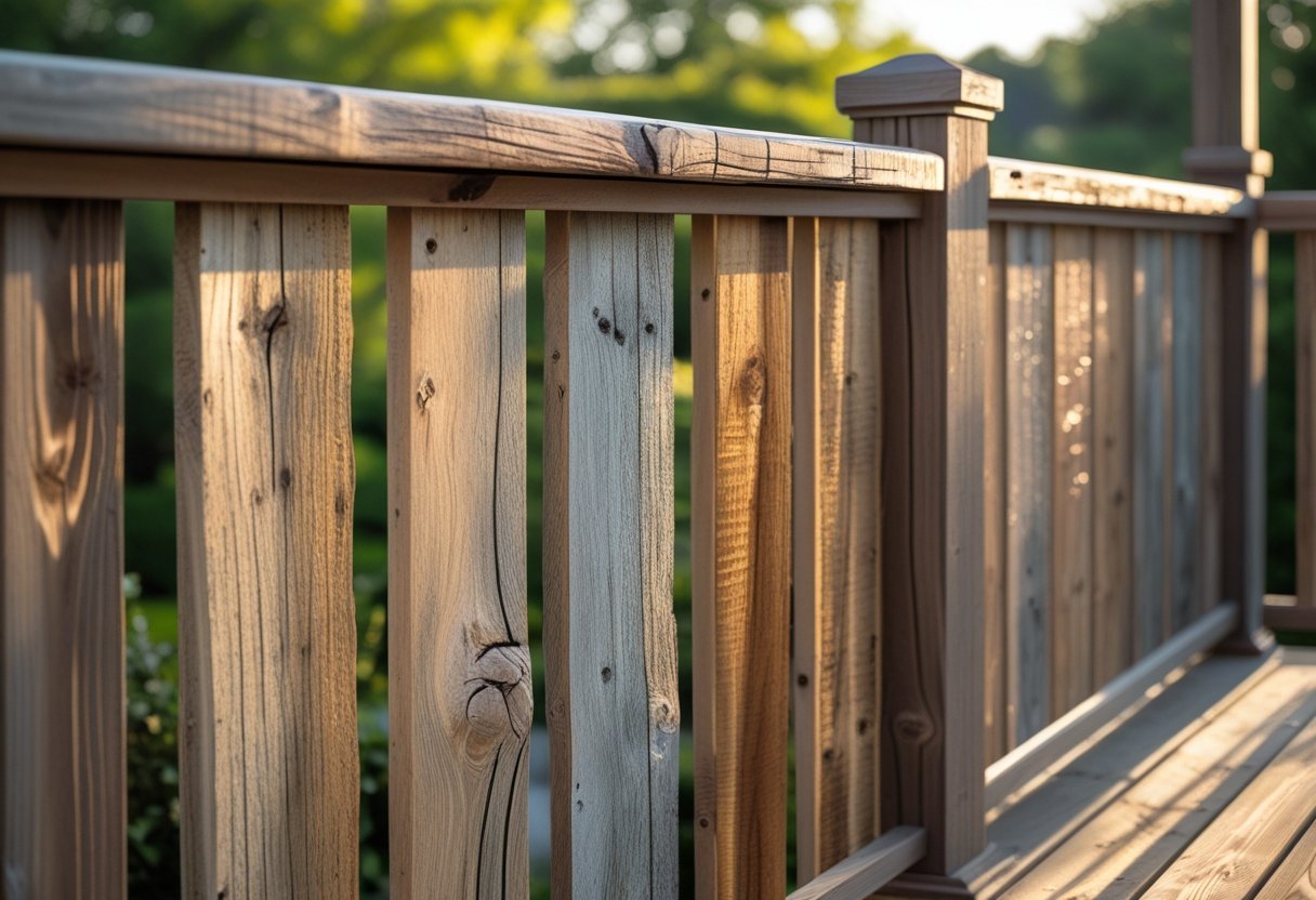 Outdoor deck with a wooden railing made of reclaimed wood overlooking a green backyard.