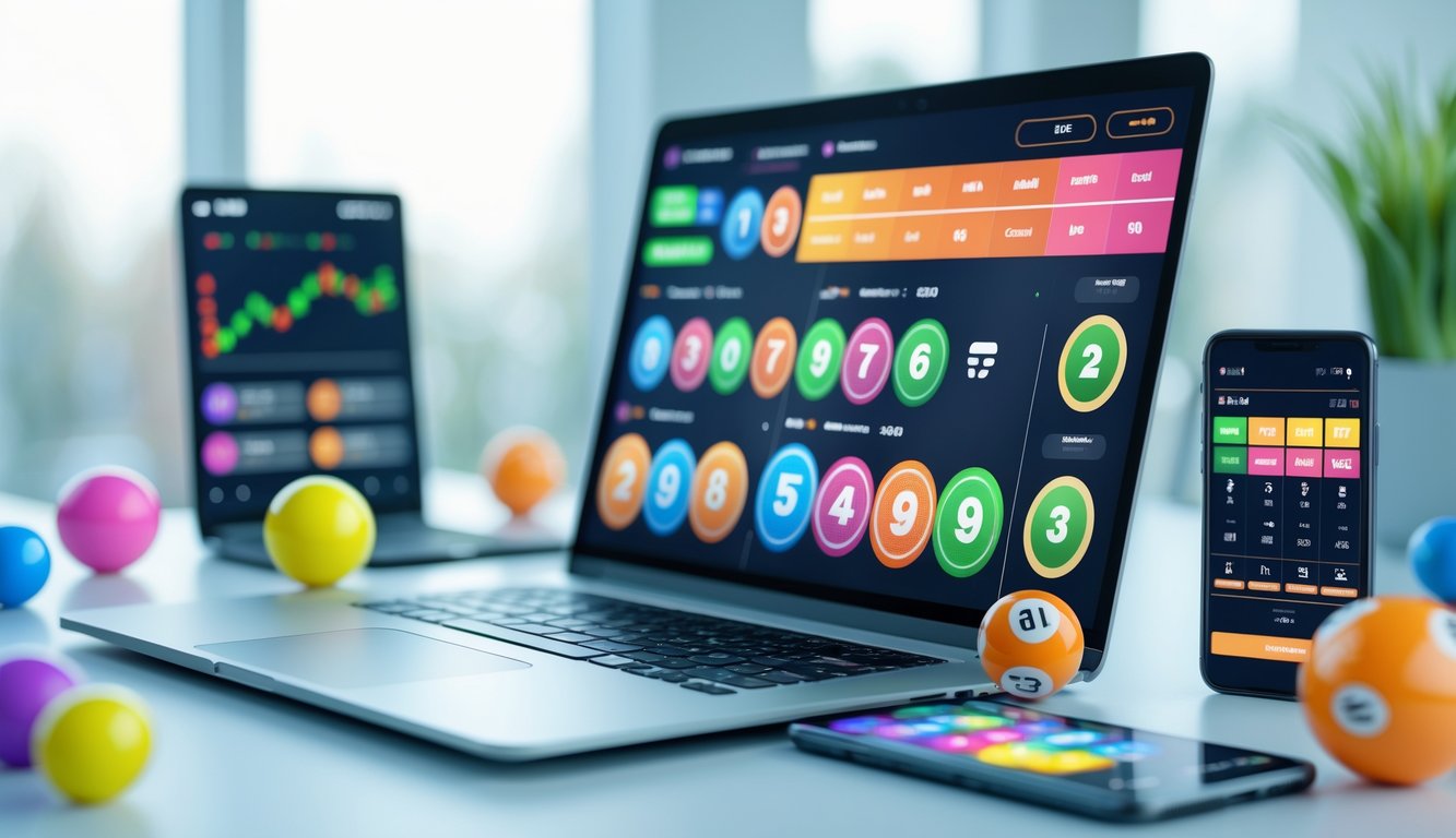 Seorang pengguna sedang melihat layar laptop dan ponsel yang menampilkan antarmuka taruhan togel online dengan berbagai pilihan pasar.