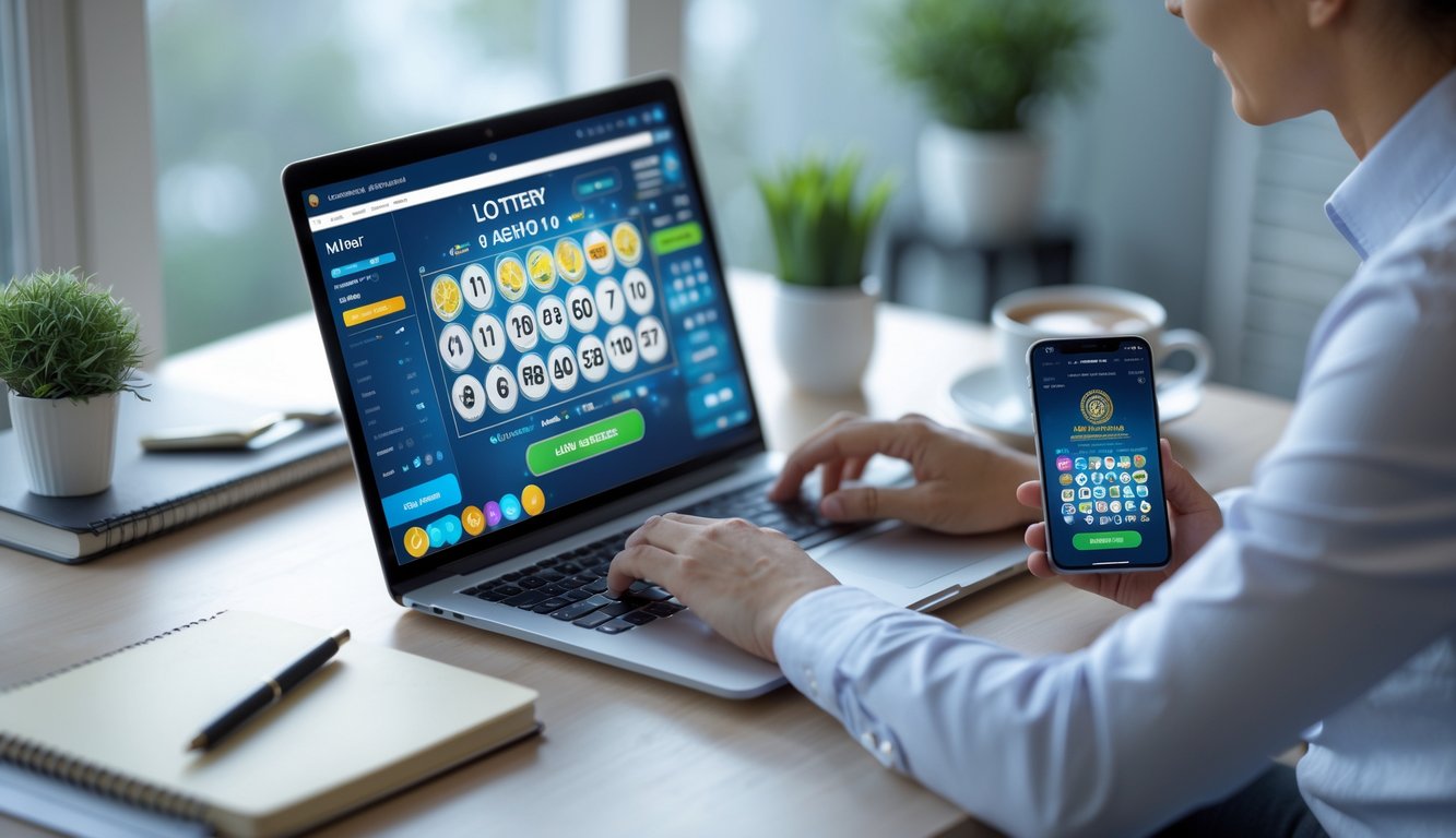 Seseorang menggunakan laptop dan ponsel di meja kerja untuk bermain togel online dengan suasana yang nyaman.