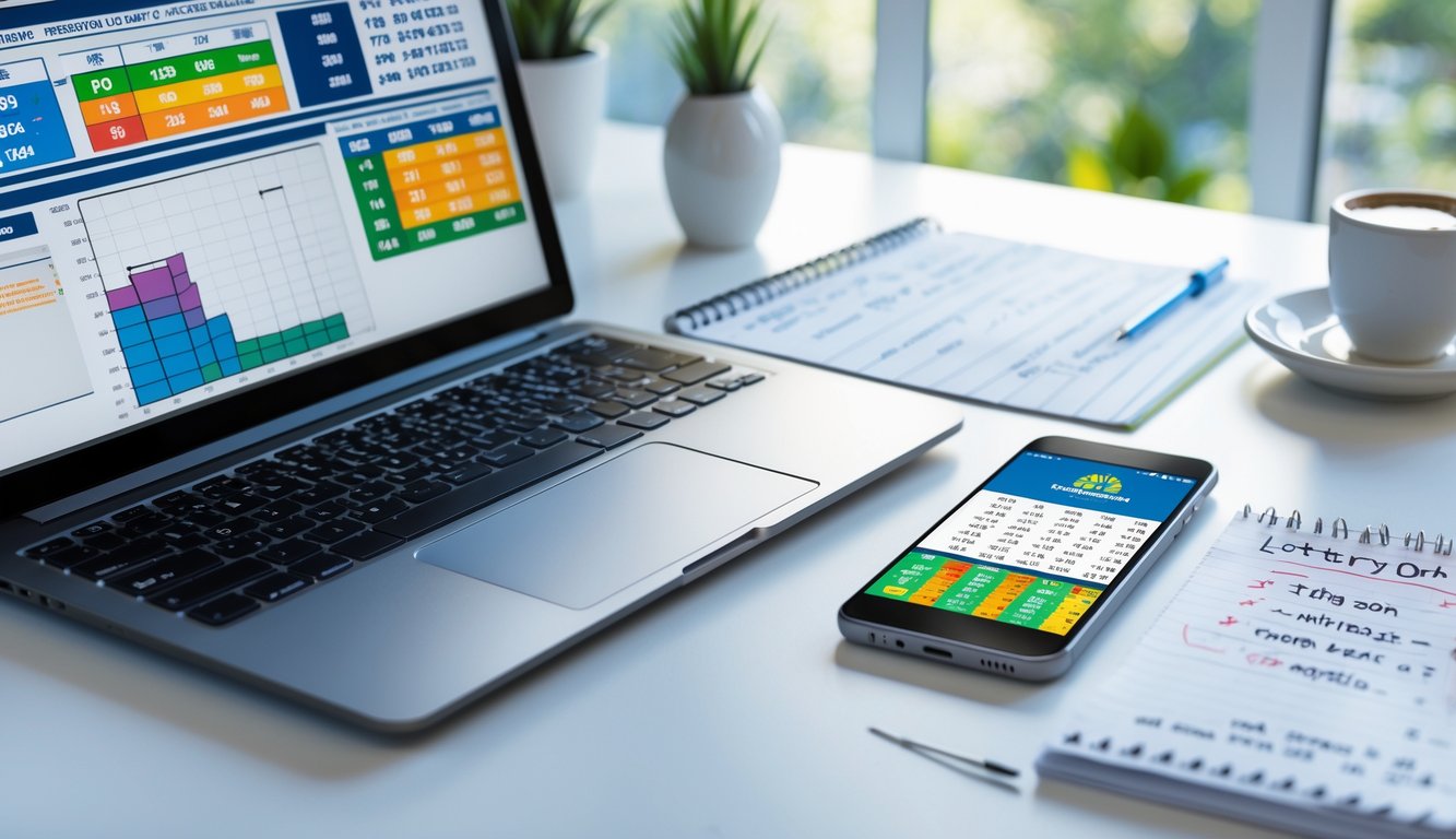 Meja kerja modern dengan laptop, ponsel, dan buku catatan yang menunjukkan aktivitas prediksi togel online.