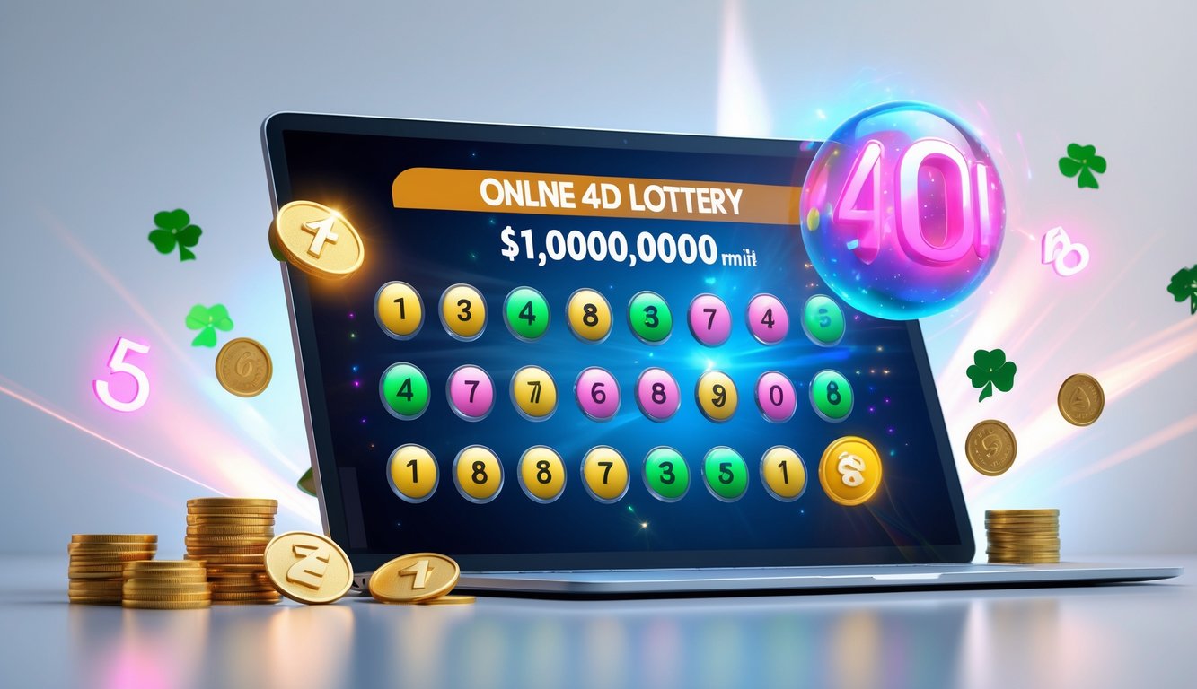 Layar perangkat digital menampilkan angka lotere 4D dengan simbol keberuntungan dan koin emas di sekitarnya.