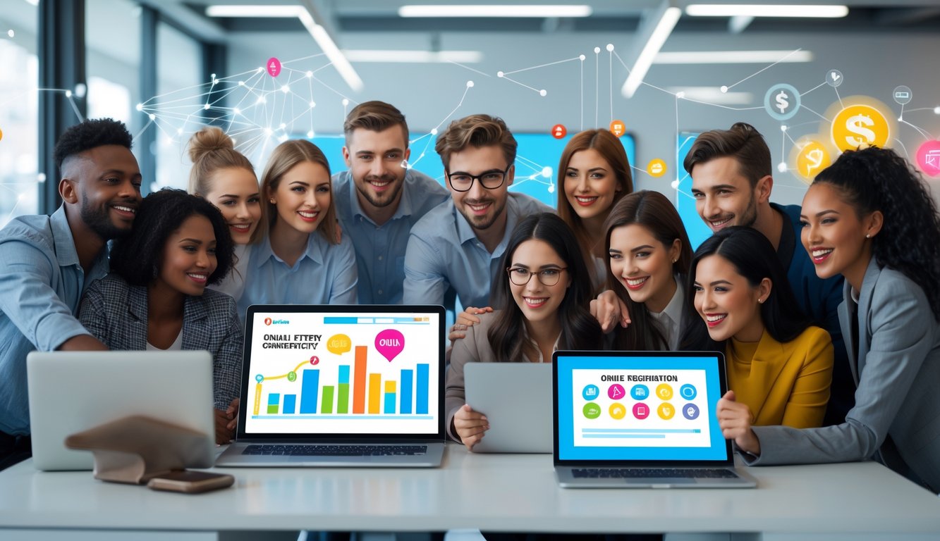 Sekelompok orang muda sedang menggunakan laptop dan tablet di kantor modern, terlihat antusias dan berinteraksi dalam suasana kerja yang cerah.