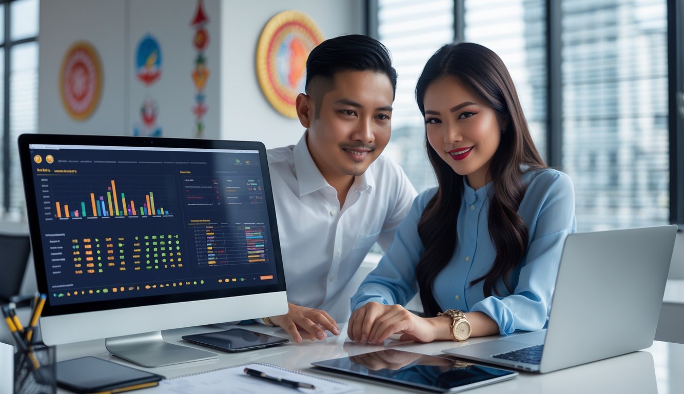 Seorang pria dan wanita di kantor modern sedang melihat layar laptop dengan data dan grafik terkait permainan online.