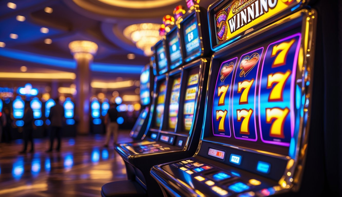 Mesin slot modern dengan lampu warna-warni dan simbol kemenangan, di dalam kasino dengan pemain dan suasana yang ceria.