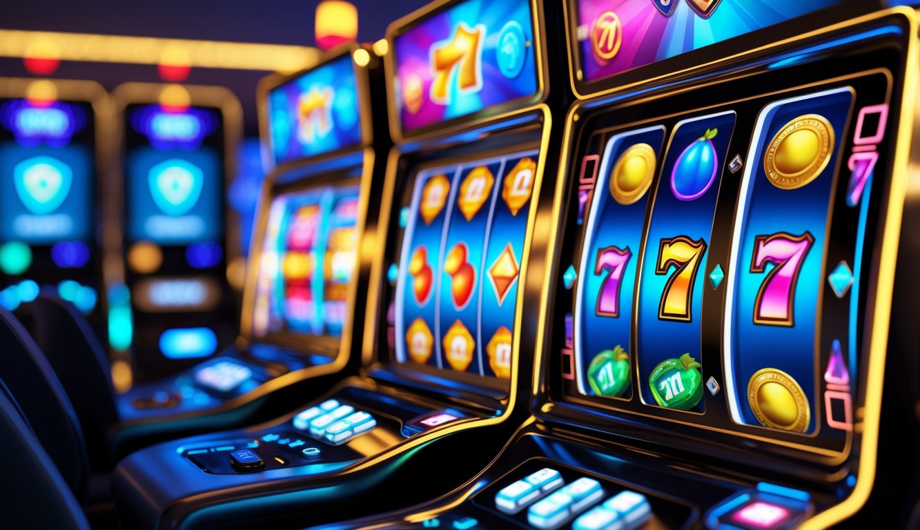 Antarmuka digital modern dengan mesin slot berwarna-warni dan simbol keberuntungan, menunjukkan suasana permainan judi online yang aman dan terpercaya.