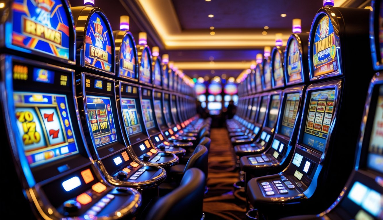 Deretan mesin slot modern yang menyala di dalam kasino dengan pencahayaan hangat dan suasana mewah.