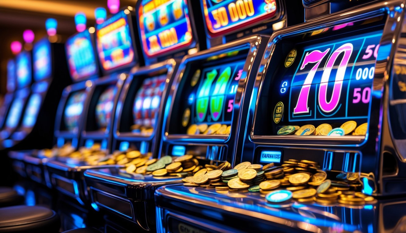 Mesin slot kasino modern dengan lampu berwarna-warni dan koin yang keluar sebagai tanda jackpot