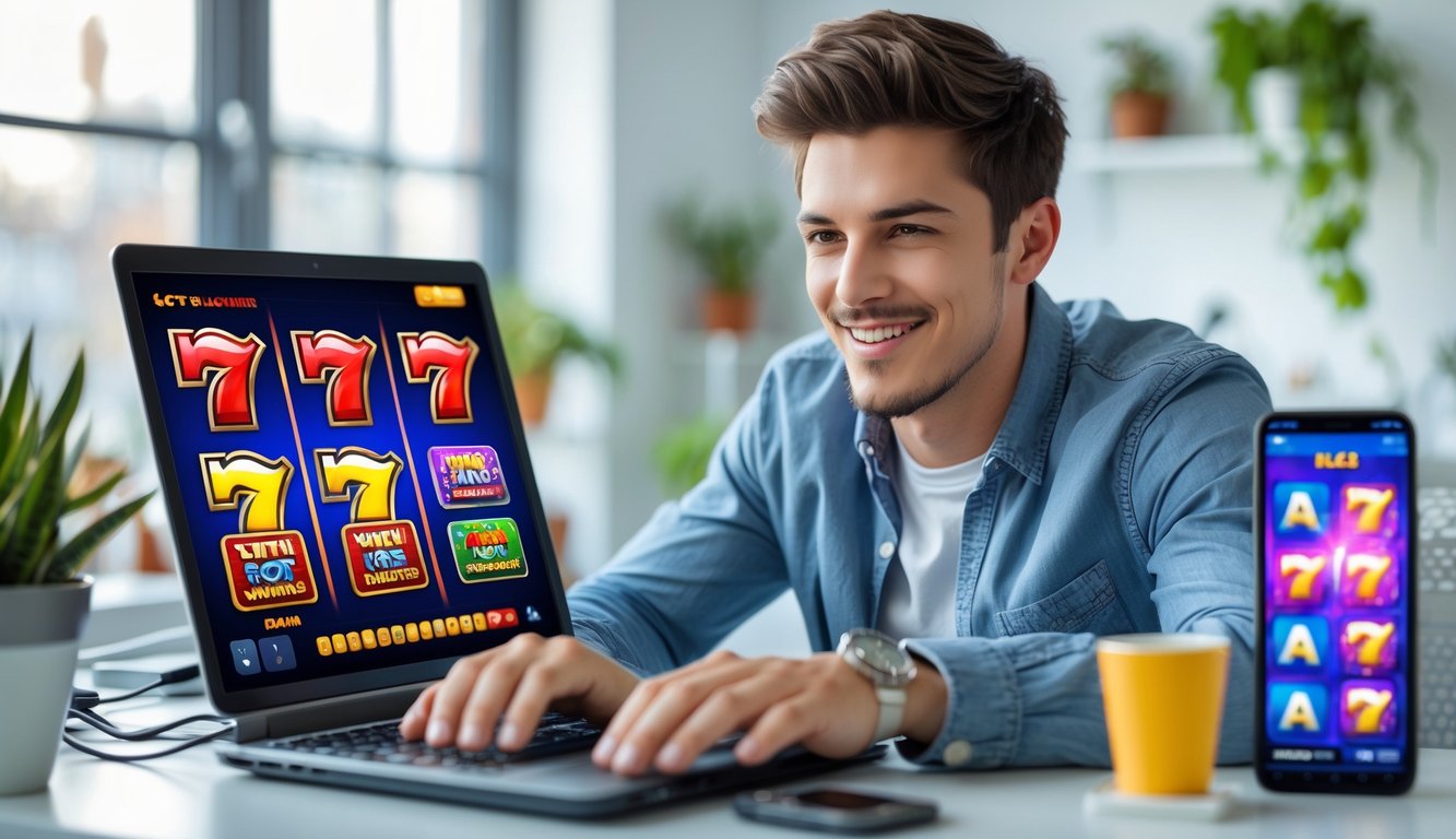 Seorang pria muda duduk di meja dengan laptop yang menampilkan permainan slot, terlihat fokus dan senang.