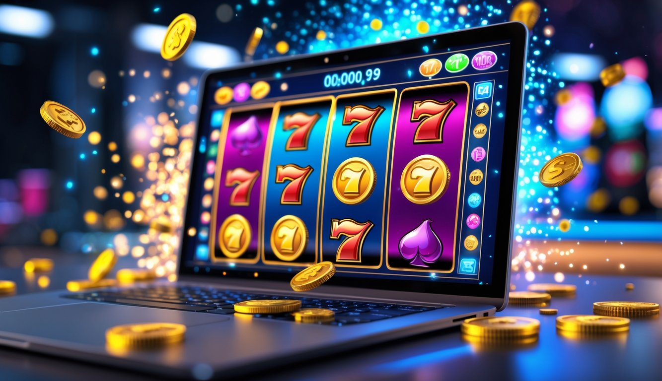 Layar komputer menampilkan permainan slot online dengan simbol warna-warni dan koin emas yang berkilauan.