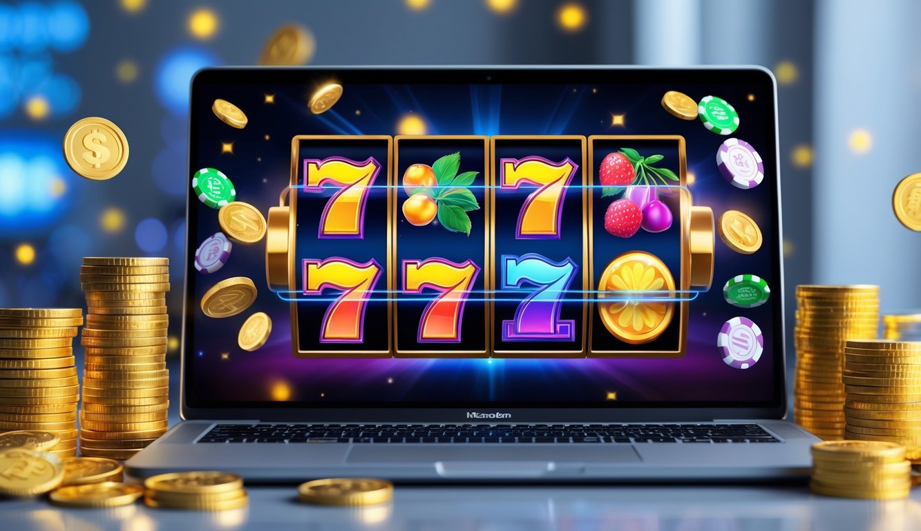 Layar laptop menampilkan permainan slot online dengan koin emas dan chip kasino di sekitarnya.