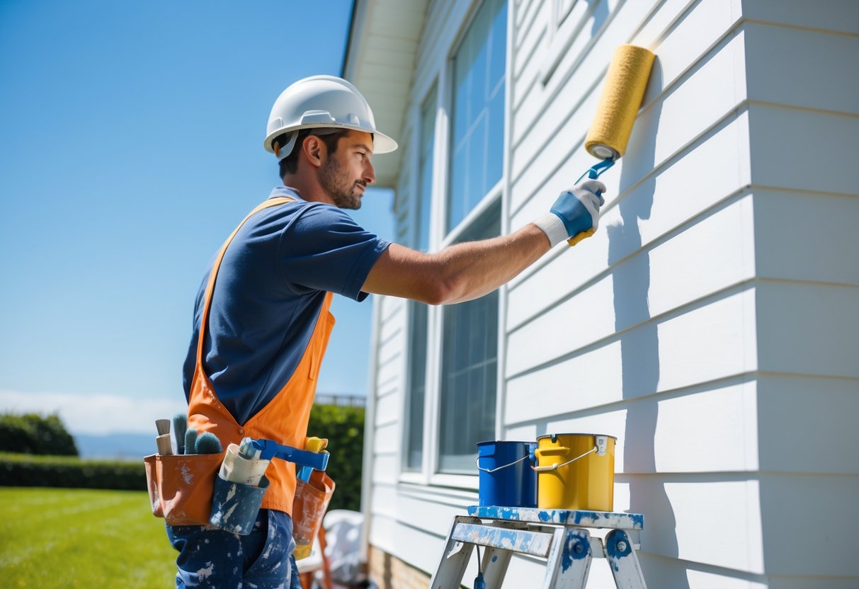 A painting contractor applying paint to the exterior of a house using a roller, wearing safety gear.