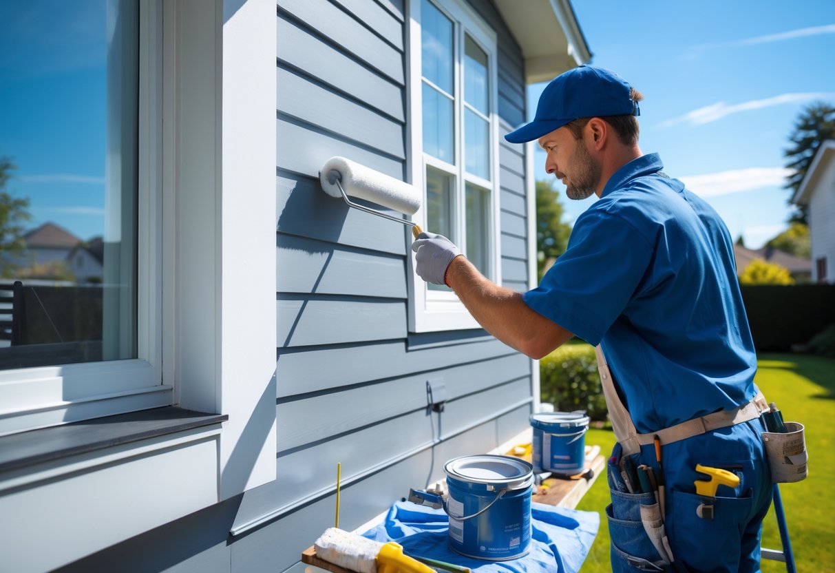 A painting contractor applying paint to the exterior wall of a house on a sunny day with painting tools nearby.