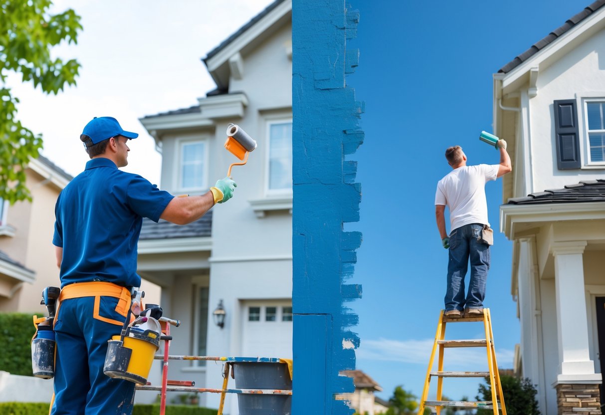 A split scene showing a professional painter working on a house exterior on one side and a homeowner painting the house with basic tools on the other side.