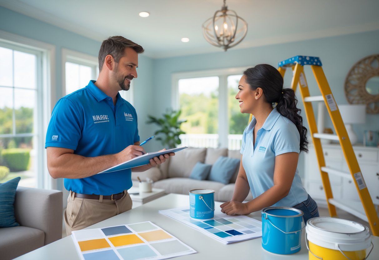 Homeowner and painting contractor discussing plans inside a bright living room with paint samples and supplies nearby.