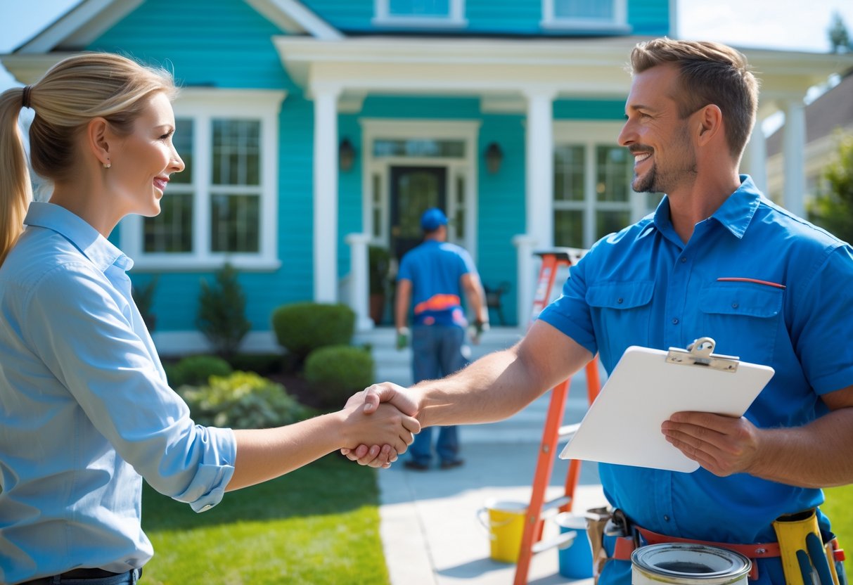 Homeowner shaking hands with a painting contractor outside a house while a painter prepares paint supplies nearby.