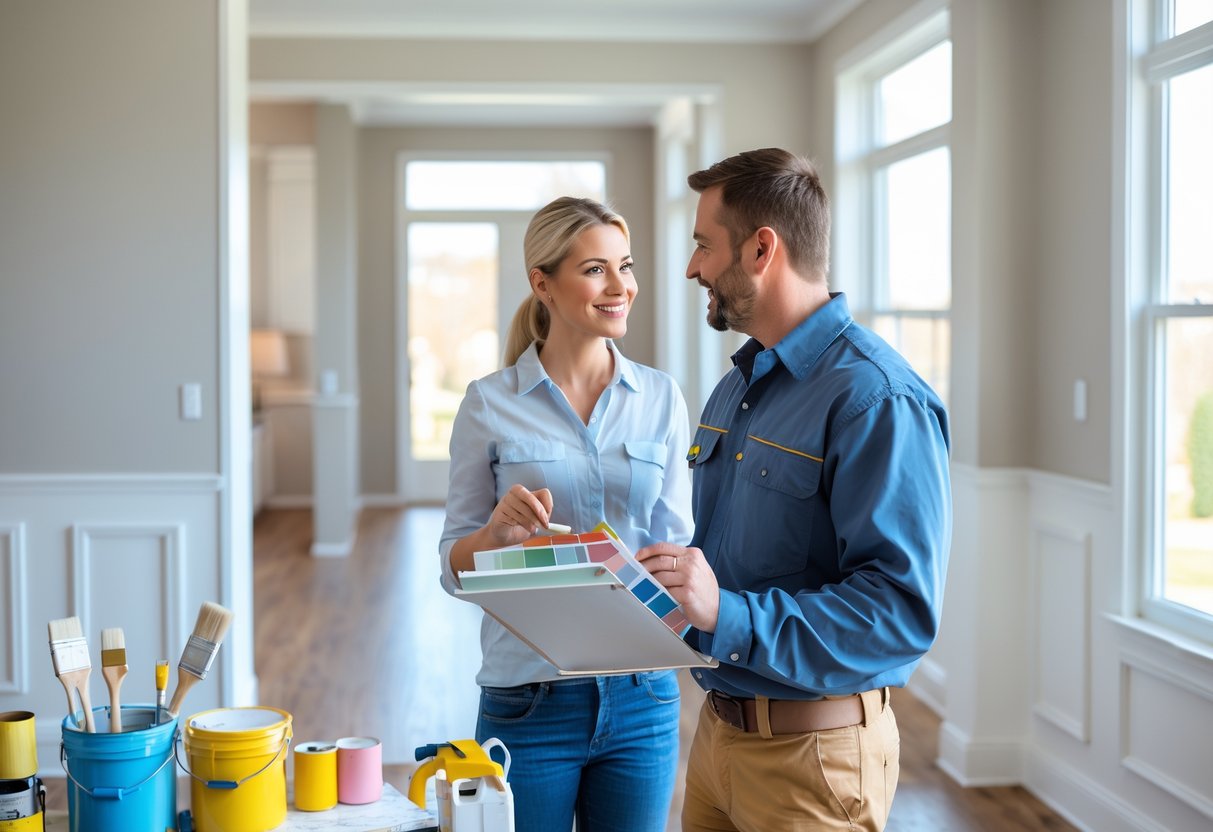 A painting contractor consulting with a homeowner in a living room, discussing painting options.