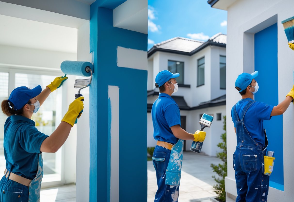 Painters working on different surfaces including indoor walls, trim, and an exterior house wall, using rollers, brushes, and spray guns.