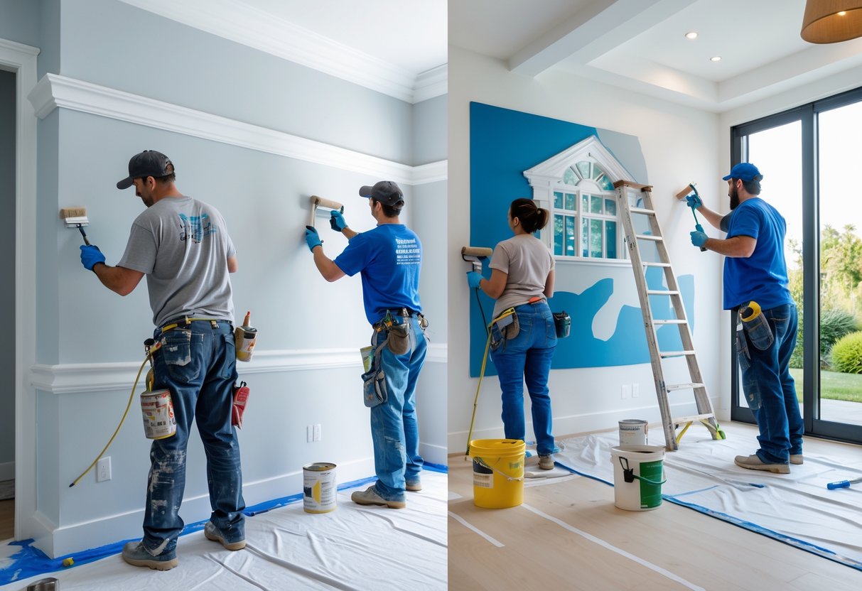 Several professional painters working on different painting tasks inside and outside a modern home.