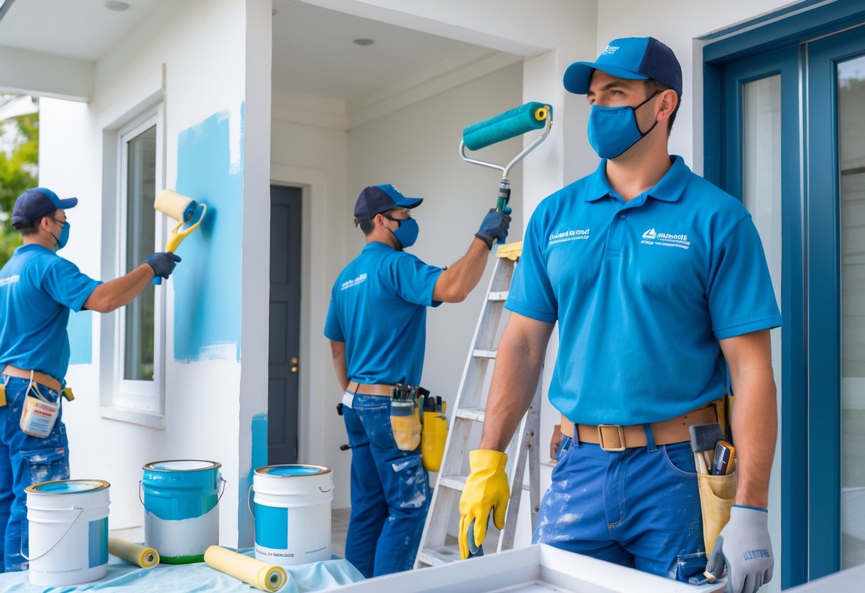 Painters working on different parts of a house, applying paint to walls and trim with various tools.