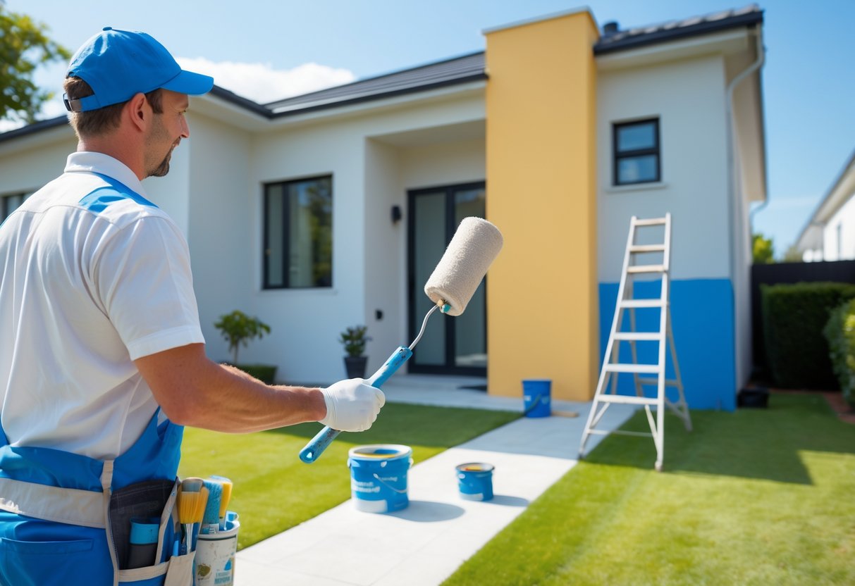A painter in safety gear applying fresh paint to the exterior wall of a suburban house on a sunny day.