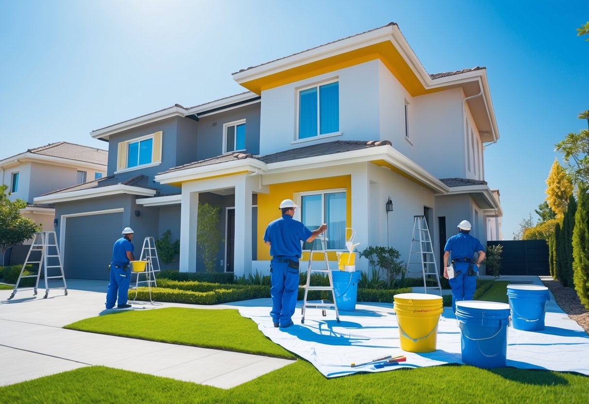 Painters professionally painting the exterior walls of a modern house on a sunny day.